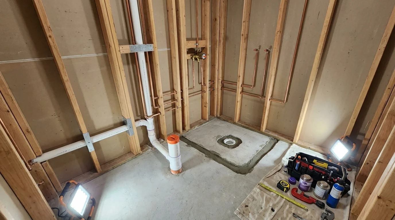 Bathroom rough-in plumbing during remodel by Johns Plumbing LLC in Monroe City