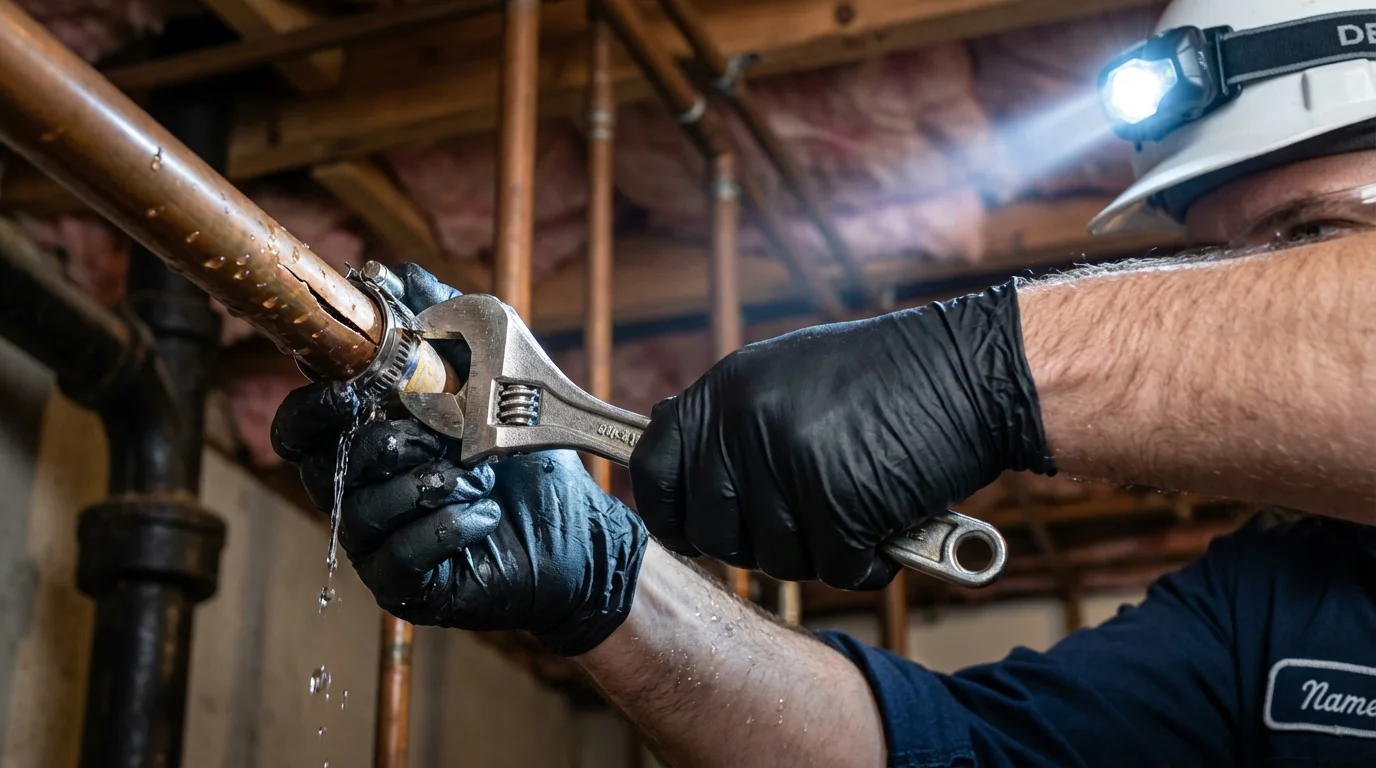 Emergency pipe clamp repair being performed by a Johns Plumbing LLC plumber in Monroe City