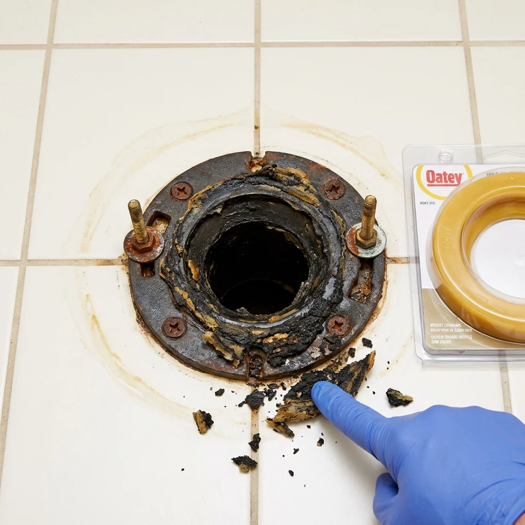 Failed wax ring showing water seepage at the base of a toilet in a Monroe City, MO home