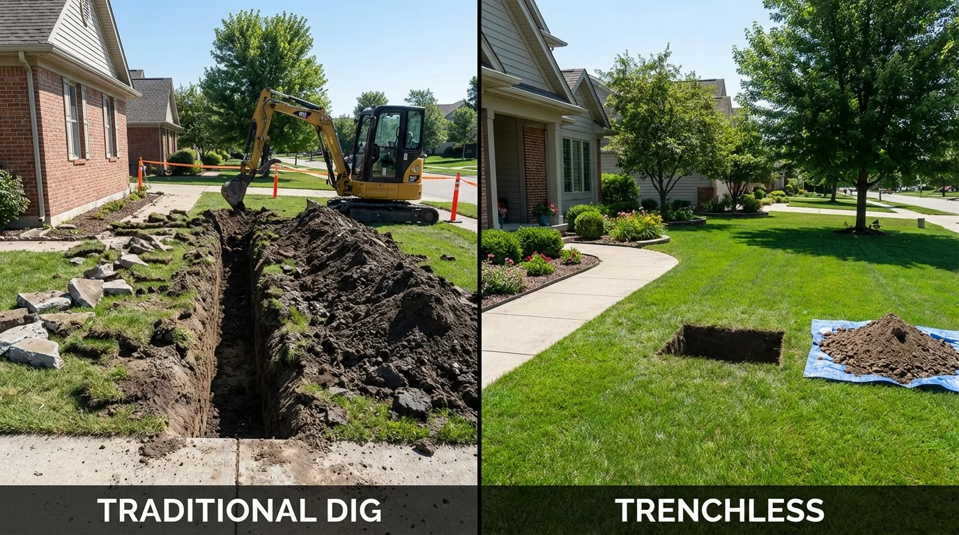 Trenchless sewer repair with minimal yard damage versus traditional excavation in Monroe City, MO