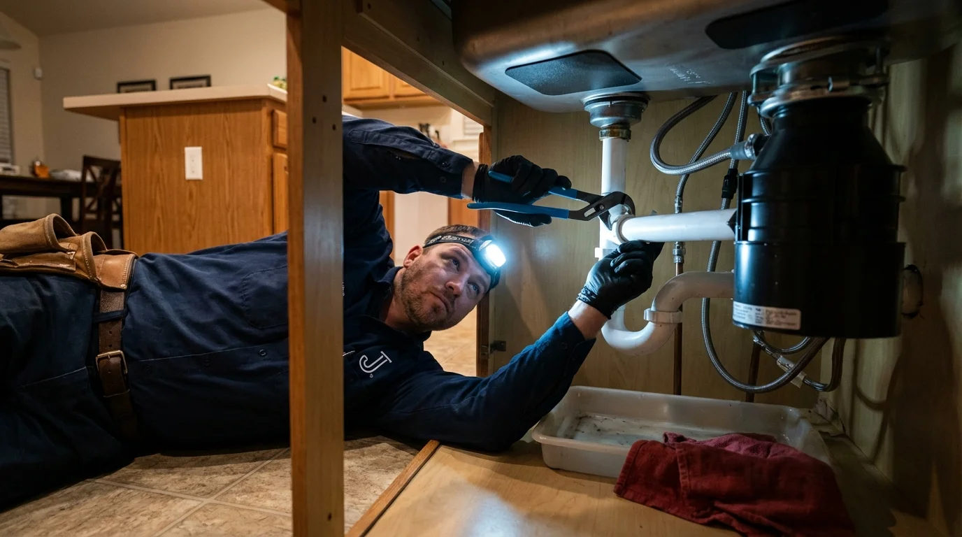 P-trap and supply line connections under a kitchen sink showing a common leak point in Monroe City, MO
